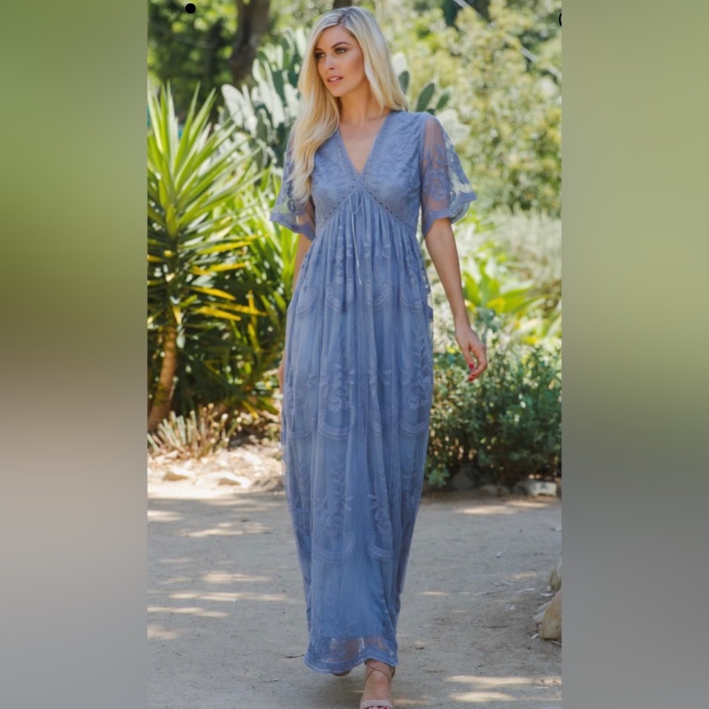 PinkBlush Blue Maxi Dress with Lace Mesh Overlay